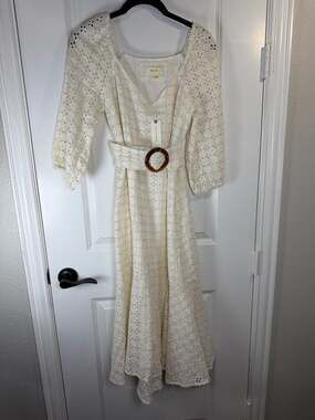 Maeve by Anthropologie White Eyelet Linen Belted Maxi Dress